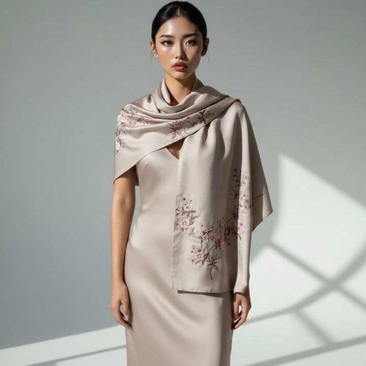 Khăn lụa 2 mặt thêu hoa anh đào 55*200 cm